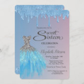 Cool Blue Glitter Drips, Blue Dress Sweet 16 Kaart (Voorkant / Achterkant)