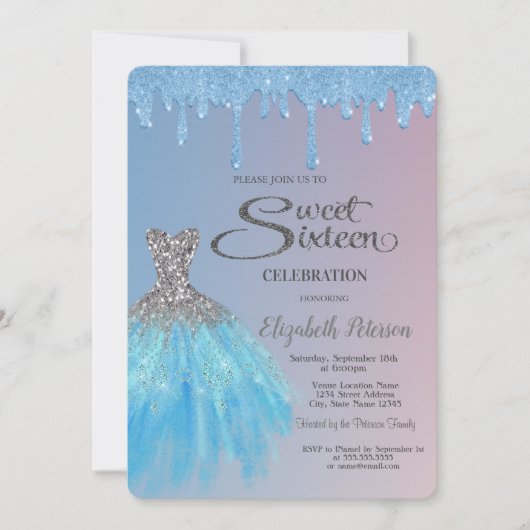 Cool Blue Glitter Drips, Blue Dress Sweet 16 Kaart (Voorkant)