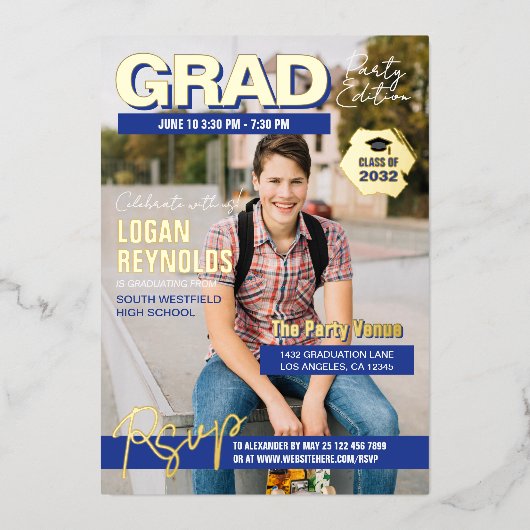 Cool Blue Gold Photos Magazine Hoesje Afstuderen Folie Uitnodiging (Voorkant)