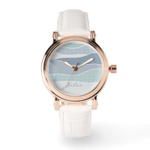 Cool Blue Green Curved Stripes Abstract Waves Naam Horloge