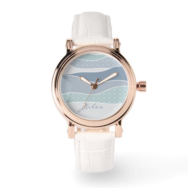 Cool Blue Green Curved Stripes Abstract Waves Naam Horloge (Voorkant)