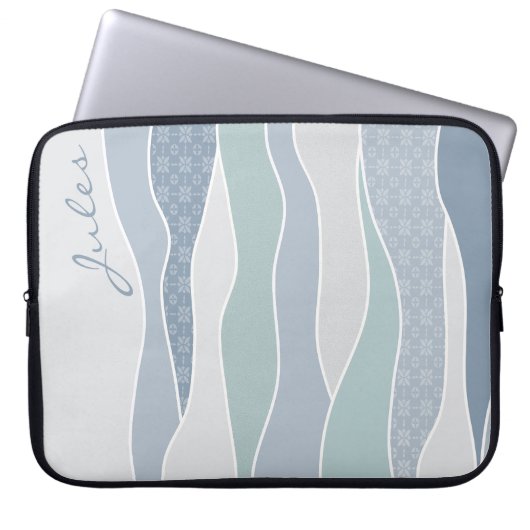 Cool Blue Green Curved Stripes Abstract Waves Naam Laptop Sleeve (Voorkant)