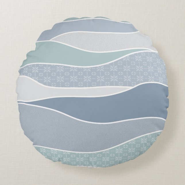 Cool Blue Green Curved Stripes Abstracte golven Rond Kussen (Voorkant)
