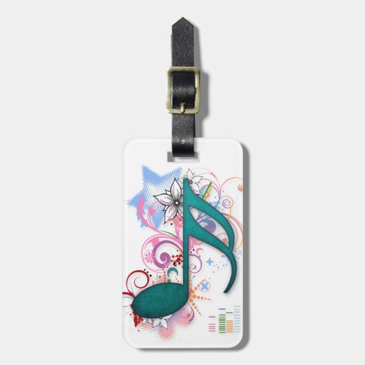 Cool blue grunge muzieknoot sterren zwemmen rond bagagelabel (Voorkant verticaal)