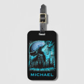 Cool Blue Howling Wolf Moon Forest gepersonaliseer Bagagelabel (Voorkant (verticaal))