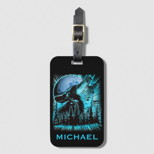 Cool Blue Howling Wolf Moon Forest gepersonaliseer Bagagelabel (Voorkant (verticaal))