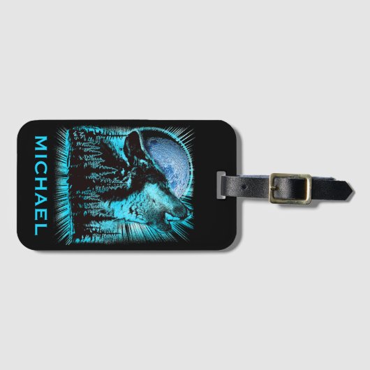 Cool Blue Howling Wolf Moon Forest gepersonaliseer Bagagelabel (Voorkant (horizontaal))