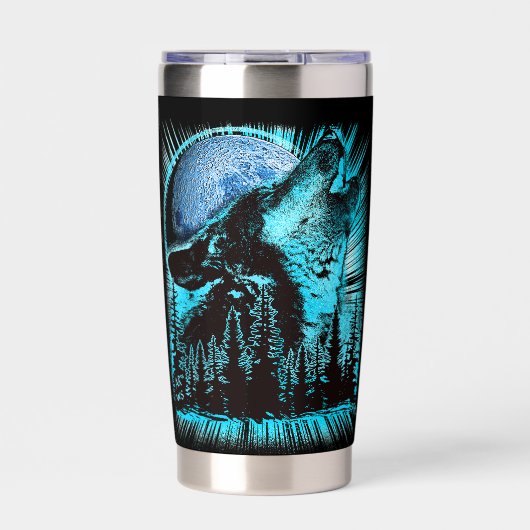 Cool Blue Howling Wolf Moon Pine Forest Cool Geïsoleerde Drinkbeker (Voorkant)