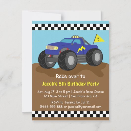 Cool Blue Monster Truck Birthday Party Kaart (Voorkant)