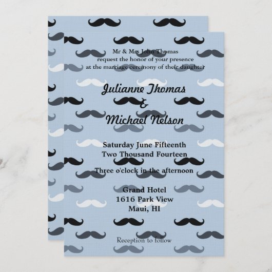 Cool Blue Mustaches Wedding Kaart (Voorkant / Achterkant)
