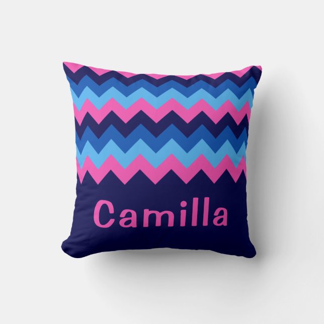 Cool Blue Pink Chevron Monogram Sierkussen (Voorkant)
