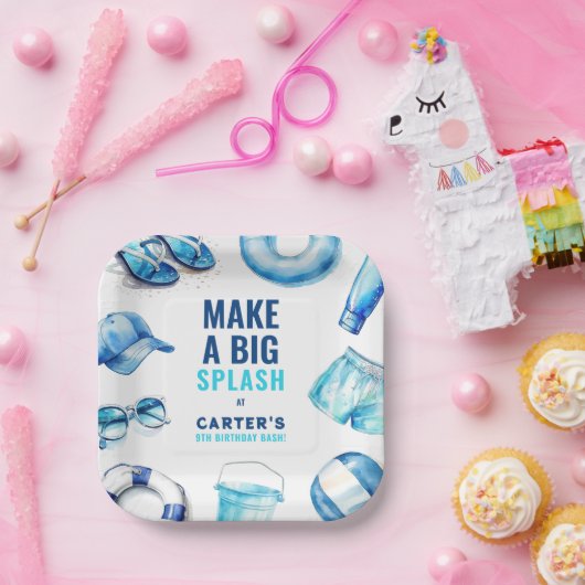 Cool Blue Pool Party Summer Boys Verjaardag Papieren Bordje (Feest)