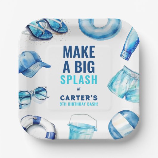 Cool Blue Pool Party Summer Boys Verjaardag Papieren Bordje (Voorkant)