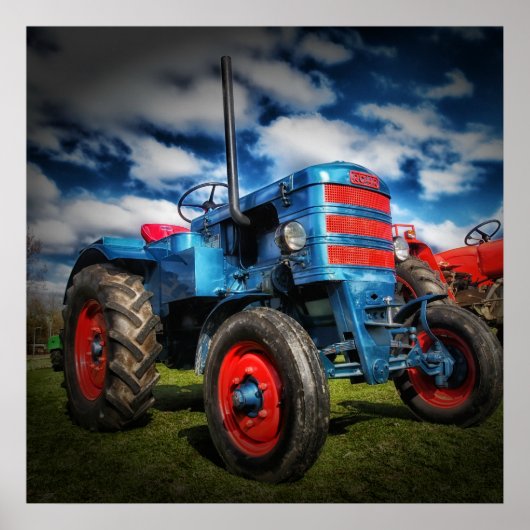 Cool Blue Red Antiek Tractor-cadeaus voor landbouw Poster (Voorkant)