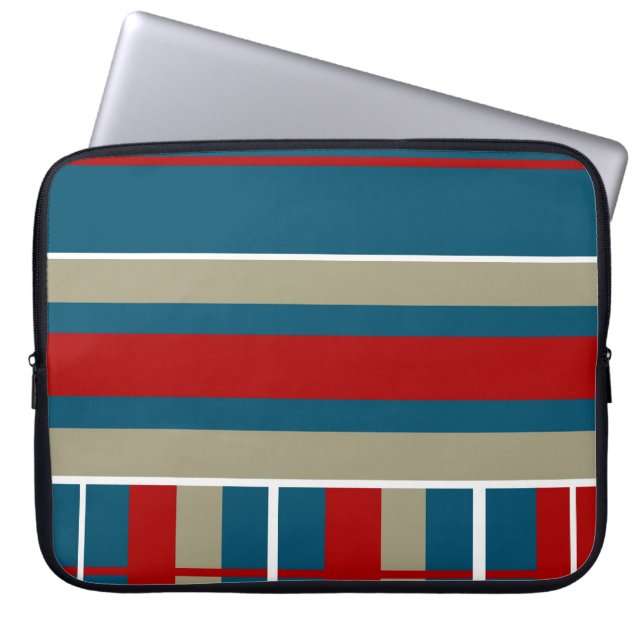 Cool Blue Red Tan White Striped Pattern Nautical Laptop Sleeve (Voorkant)