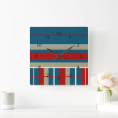 Cool Blue Red Tan White Striped Pattern Nautical Vierkante Klok (Huis)