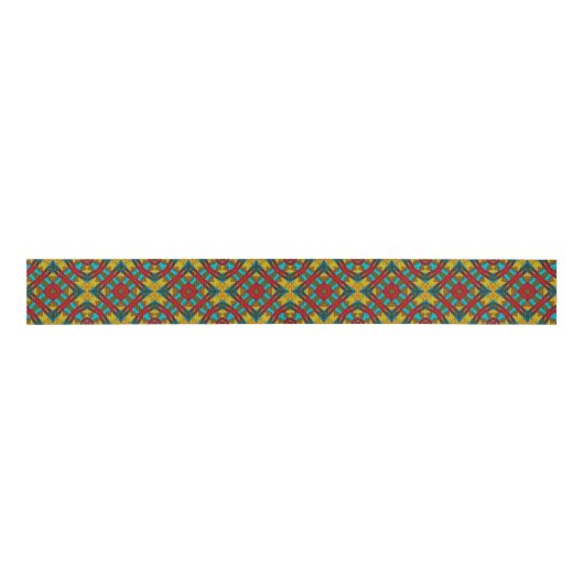 Cool Blue Red Yellow Retro Geometrische etnische s Grosgrain Lint (Voorkant)