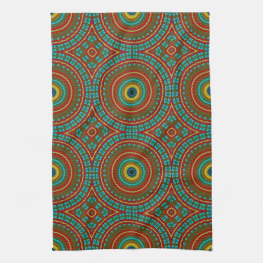 Cool Blue Red Yellow Retro Geometrische etnische s Theedoek (Verticaal)