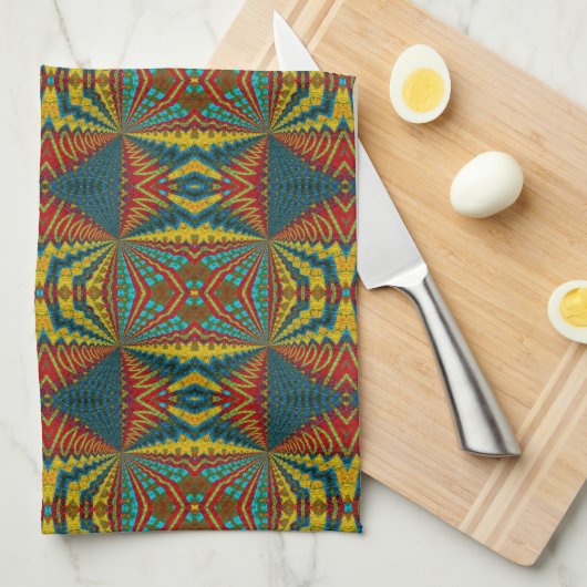 Cool Blue Red Yellow Retro Geometrische etnische s Theedoek (Quarter Fold)