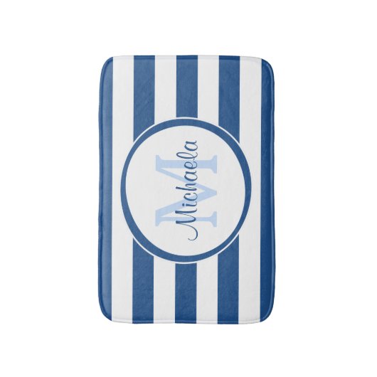 Cool Blue Rugby Stripes met naam en monogram Badmat (Voorkant Verticaal)