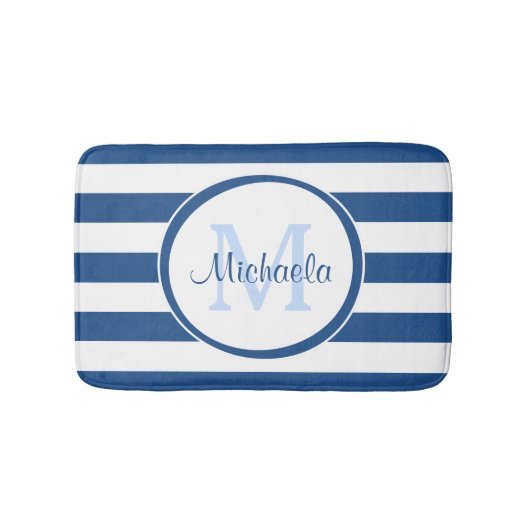 Cool Blue Rugby Stripes met naam en monogram Badmat (Voorkant)