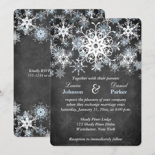 Cool Blue Snowy Chalkboard Style Wedding Invite Kaart (Voorkant / Achterkant)