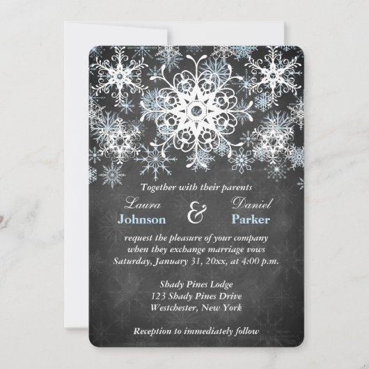 Cool Blue Snowy Chalkboard Style Wedding Invite Kaart (Voorkant)