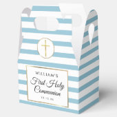 Cool Blue Stripe Gold First Heilige Communie Bedankdoosjes (Geopend)