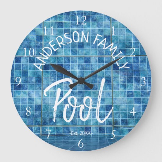 Cool Blue Tegel Swimming Pool Familienaam USTOM Grote Klok (Voorkant)