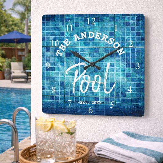 Cool Blue Tile Swimming Pool Family Name Custom La Vierkante Klok