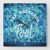 Cool Blue Tile Swimming Pool Family Name Custom La Vierkante Klok (Voorkant)