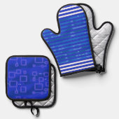 Cool Blue White Geometric Stripes Ovenwant & Pannenlap Set (Voorkant / Achterkant)