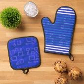 Cool Blue White Geometric Stripes Ovenwant & Pannenlap Set (Top down)