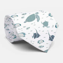 Cool Blue White Turtles en Fish Ocean Pattern Stropdas