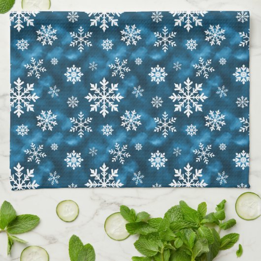 Cool Blue With White Snowflake Pattern Winter Theedoek (Gevouwen)