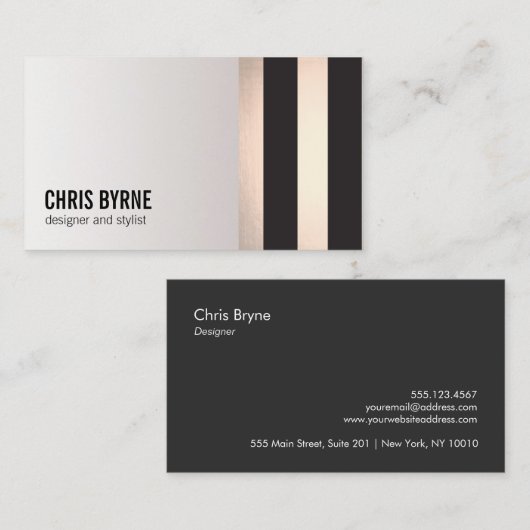 Cool Bold Modern Zwart en Roos Goud Gestreept 2 Visitekaartje (Voorkant / Achterkant)