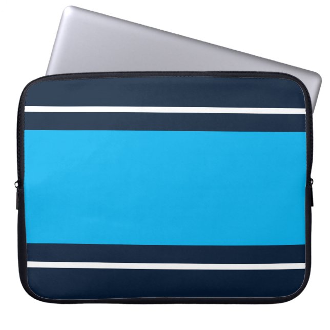Cool Bold Nautical Navy Sky Blue Racing Stripes Laptop Sleeve (Voorkant)