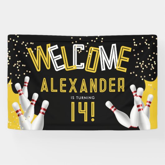 Cool Bowling Zwart en Geel Strike Feest Welkom Spandoek (Horizontaal)