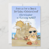 Cool Boy Beach Baby en Sandcastle 1e verjaardag Kaart (Voorkant)