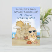 Cool Boy Beach Baby en Sandcastle 1e verjaardag Kaart (Staand voorkant)
