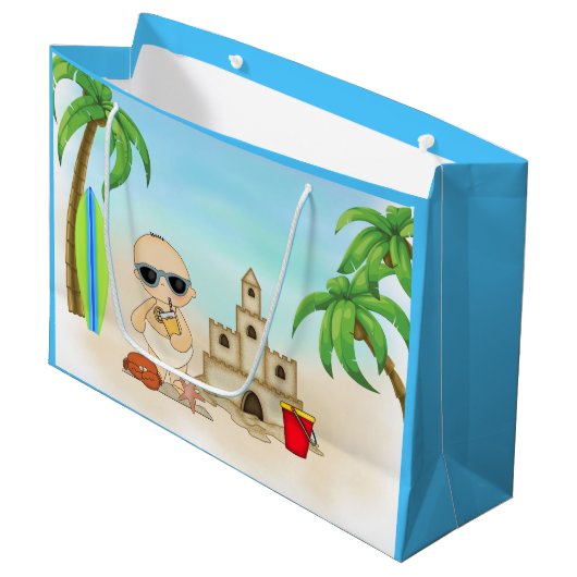 Cool Boy Beach Baby met zandkasteel en surfplank Groot Cadeauzakje (Voorkant Gekanteld)