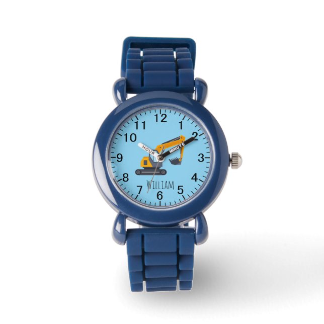 cool boys construction digger truck add name horloge (Voorkant)