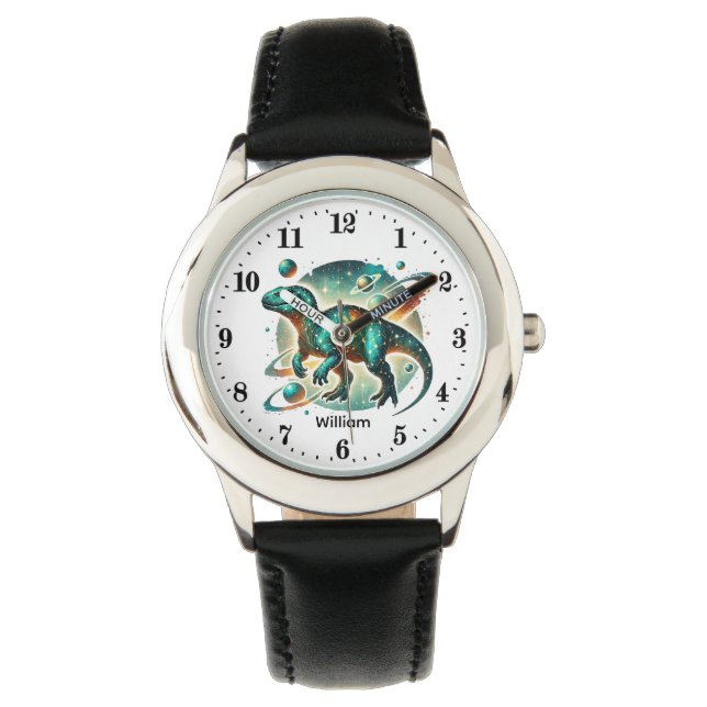 Cool Boys Cosmic Dinosaur add name Horloge (Voorkant)