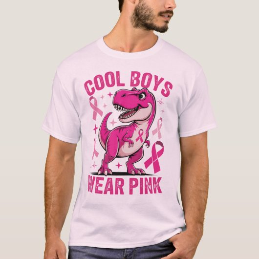 Cool Boys Draag roze, T-Rex borstkanker bewustzijn T-shirt (Voorkant)