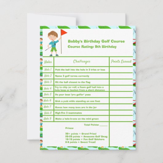 Cool Boy's Golfing Birthday Party Score Kaart Notitiekaartje (Voorkant)
