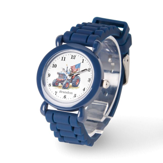Cool boys Patriotic tractor voeg naam toe Horloge (Hoek)