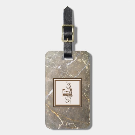 Cool Brown Marble Texture, monogram-op maat gemaak Bagagelabel (Voorkant verticaal)