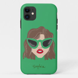 Cool Brunette with Glasses Green Custom Name Case-Mate iPhone Case