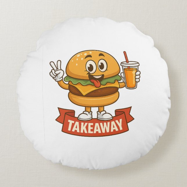 Cool Burger Buddy met Juice – Fun Cartoon Charact Rond Kussen (Voorkant)