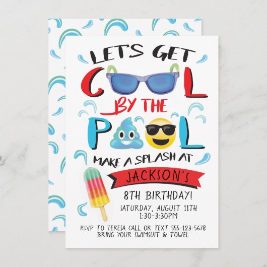 Cool by the Pool Emoji Boy Birthday Party Kaart (Voorkant / Achterkant)